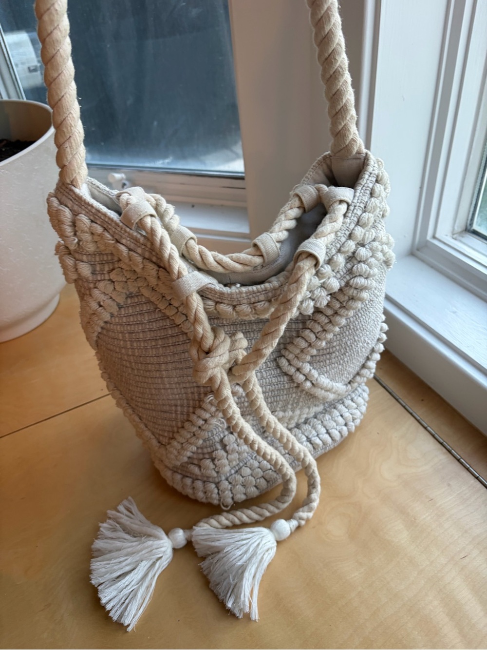 Handwoven Cream Macramé Satchel with Tassel Detailing